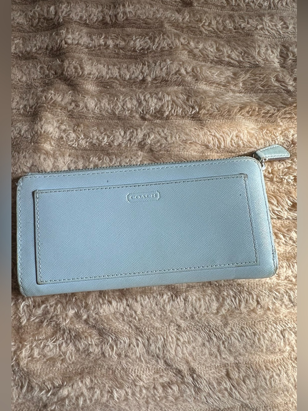 Coach Light Blue Zip-Around Saffiano Leather Wallet
